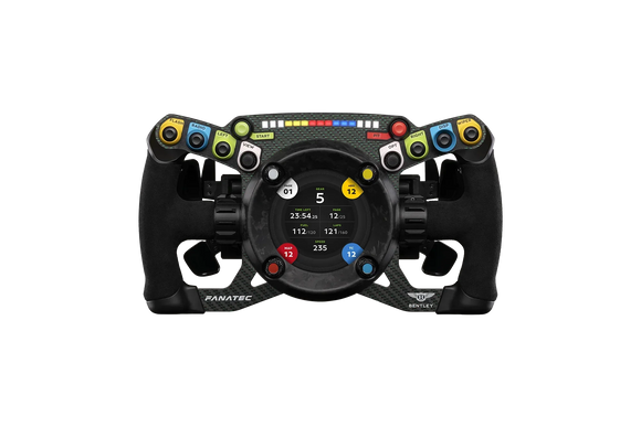 Fanatec Podium Bentley GT3 wheel front view — gauges, paddle shifters and ergonomic grip for endurance sim racing