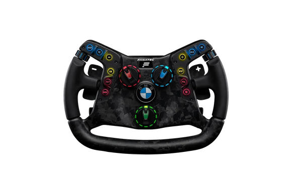 Fanatec Podium BMW M4 GT3 wheel front view — magnetic paddle shifters and quick-release hub