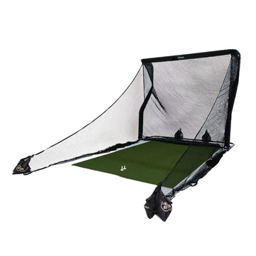 Golf practice net with black mesh and a green hitting mat, designed for indoor or outdoor use, featuring tee placement spots.