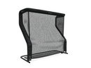 Black sports rebound net with a curved frame on a black metal stand, designed for practice or training.