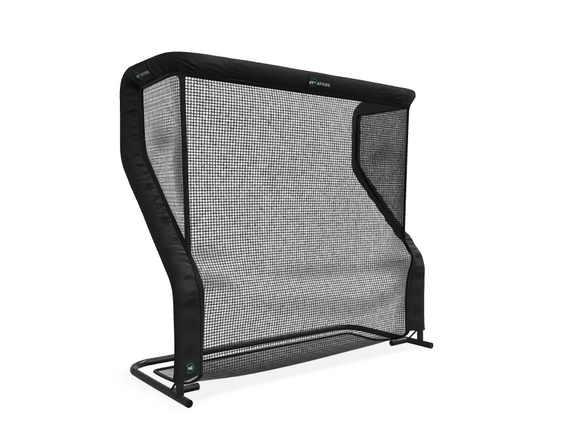 Black sports rebound net with a curved frame on a black metal stand, designed for practice or training.