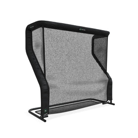 Golf goal backstop with a black frame and netted barrier designed to catch stray pucks.
