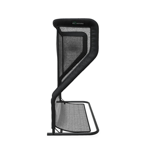 Side view of a black net return practice net with a sturdy frame.