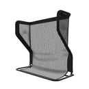 A black mesh back support with a sturdy metal frame, designed for ergonomic seating.