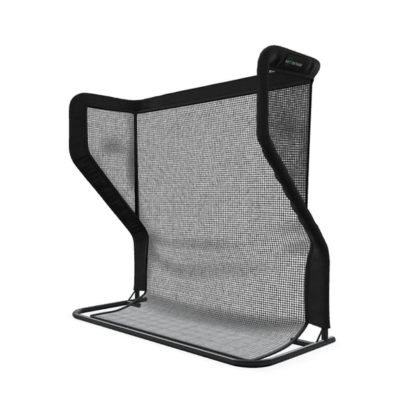 A black mesh back support with a sturdy metal frame, designed for ergonomic seating.