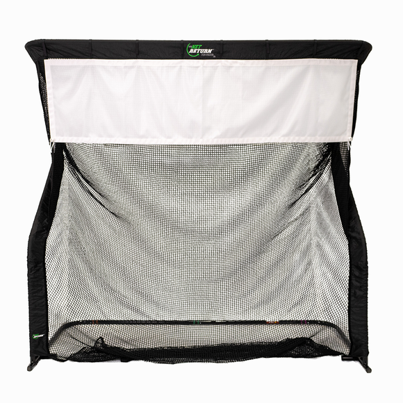 The Net Return Split Screen Accessory (net not included) is a black and white rectangular add-on ideal for pairing with your golf simulator setup; perfect for practicing golf or baseball. Screens are not returnable.