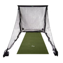 Golf practice net with green mat and two golf tees displayed in front.