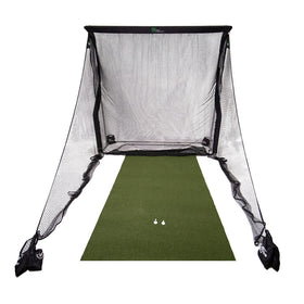 Golf practice net with green mat and two golf tees displayed in front.