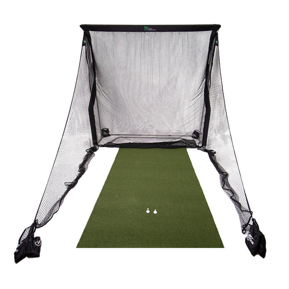 Golf practice net with green mat and two golf tees displayed in front.