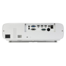 White projector projector rear panel showing various input and output ports including VGA, DVI, HDMI, USB, and Ethernet, photographed on a clean white background.