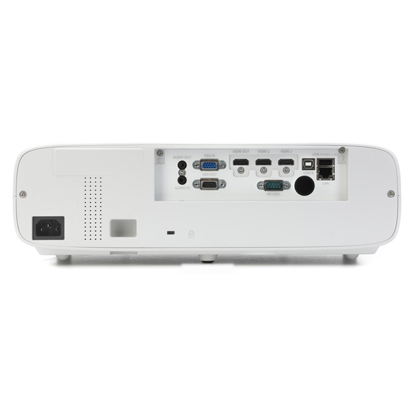 White projector projector rear panel showing various input and output ports including VGA, DVI, HDMI, USB, and Ethernet, photographed on a clean white background.