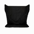 A large, black, crumpled fabric backdrop stands against a white background.