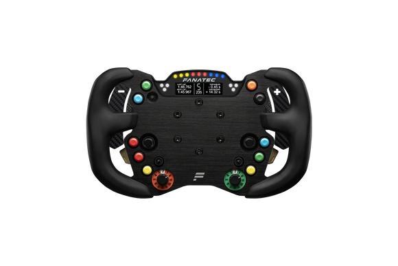 Fanatec Podium GT3 Endurance steering wheel — front view with LED rev lights and carbon fiber construction
