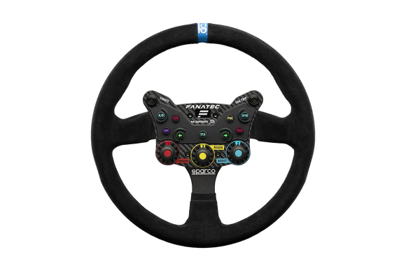 Fanatec Podium Steering Wheel Monte Carlo Rally wheel front view — paddle shifters and ergonomic grip for sim racing