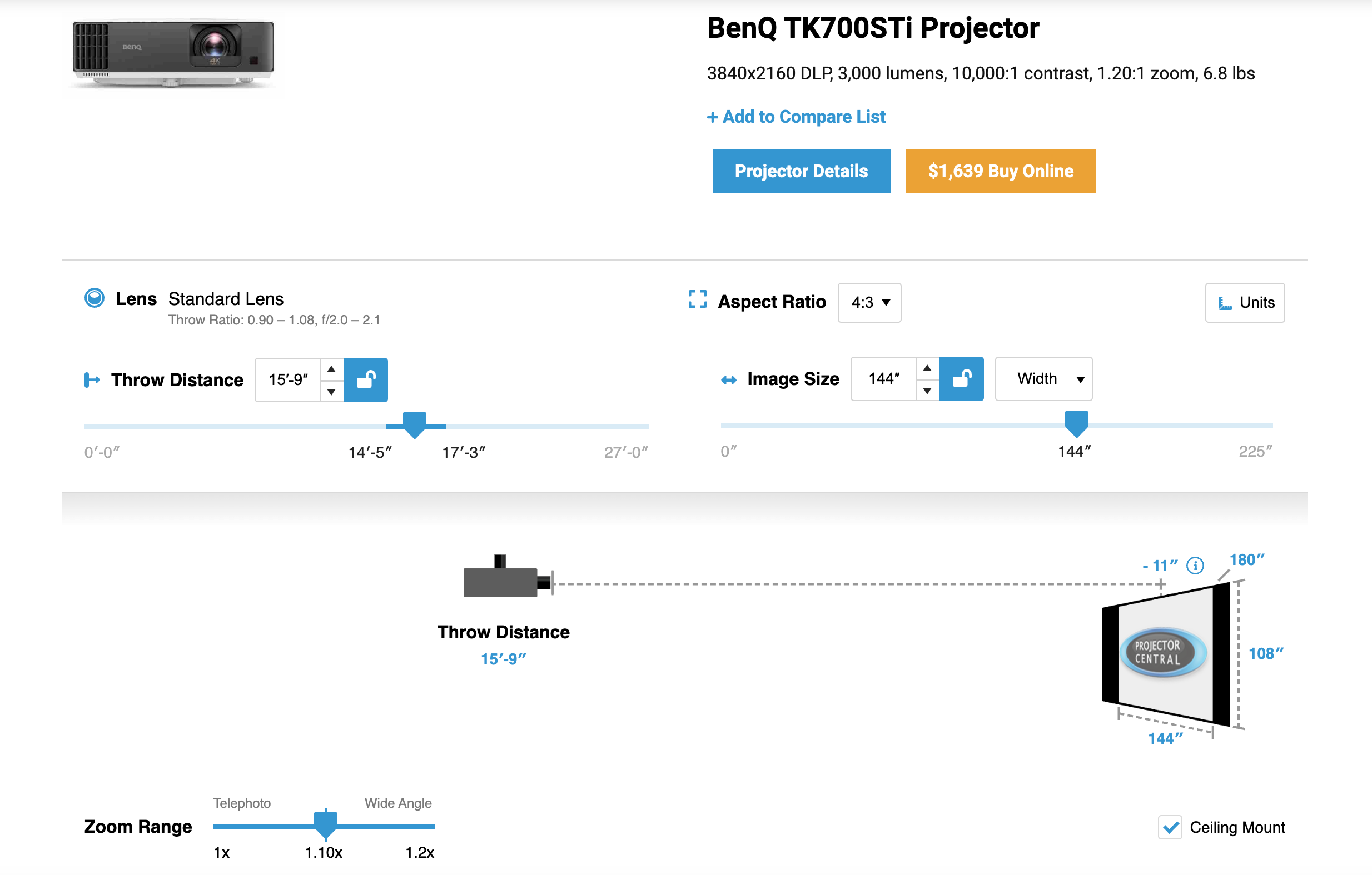 BenQ TK700STI Throw Calculator for 12 Foot Wide Screen