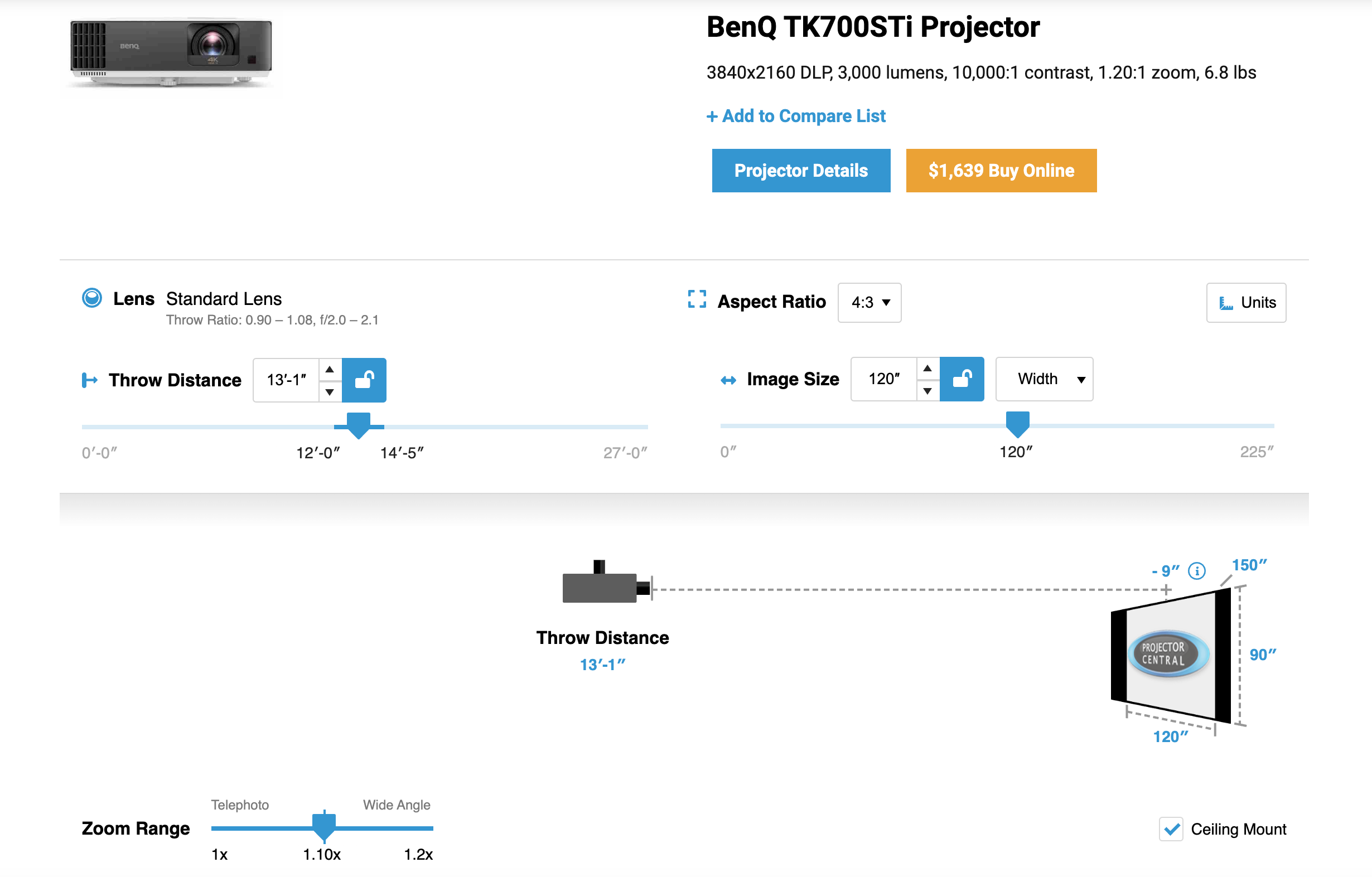 BenQ TK700STI Throw Calculator for 10 Foot Wide Screen