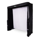 A rectangular black frame with a white screen in the center, resembling a golf simulator setup.