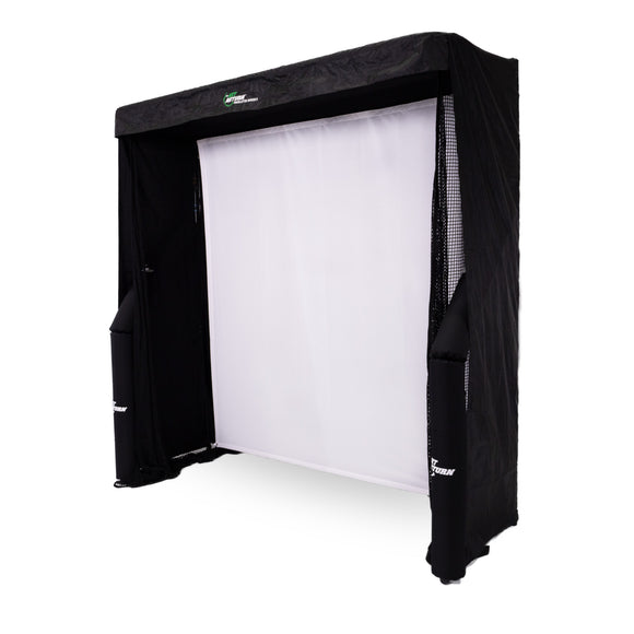 A rectangular black frame with a white screen in the center, resembling a golf simulator setup.