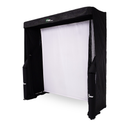 Black golf simulator screen setup with side netting and a white impact screen.