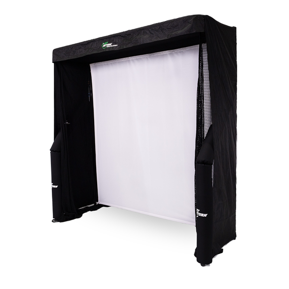 Black and white golf simulator with a screen and netted sides.