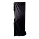 A tall object covered with a black draped cloth, set against a white background.