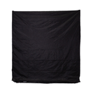 A large black tarp is displayed against a white backdrop. The fabric appears textured and slightly wrinkled.