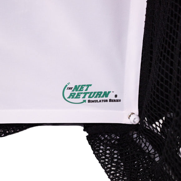 Close-up of a net featuring the logo "The Net Return Simulator Series" at the bottom right corner. The net is black with a white background.