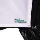 Close-up of a black netting with a white backdrop featuring the logo "The Net Return Simulator Series.