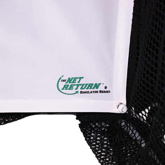 Close-up of "The Net Return Simulator Series" logo on a white fabric, with black netting visible around the edges.