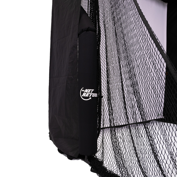 A black sports net with a white "Net Return" logo, partially draped with black fabric, stands against a plain backdrop.
