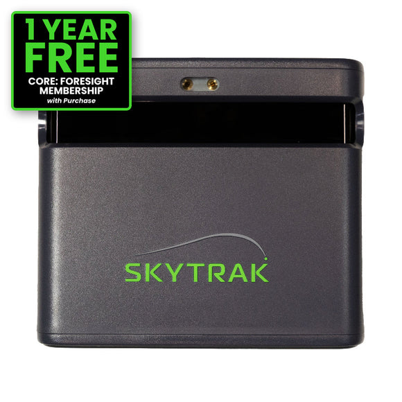 A black Skytrak electronic device with a green logo on the front, shown against a white background with a green '1 YEAR FREE' promotional badge in the top-left corner.