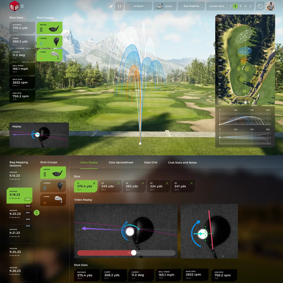 Golf simulator software interface with graphics and data on a golf course background