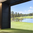 A golf simulator screen neatly framed by TruSim Systems Carpet Panel Pads