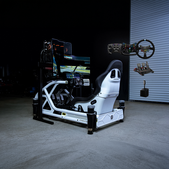 Turnkey Racing Sims Formula Motion full motion racing simulator package with white cockpit and single 45 inch OLED