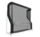 Black and white sports rebounder with a net and metal frame, designed for practice drills.