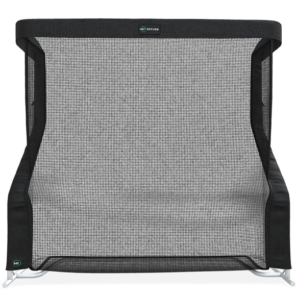 Black mesh screen with a sturdy frame, featuring a curved base.