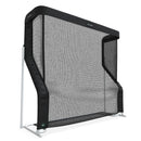 Black practice golf net with a white frame, featuring a large mesh surface and protective side barriers.