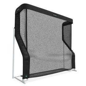 Black practice golf net with a white frame, featuring a large mesh surface and protective side barriers.