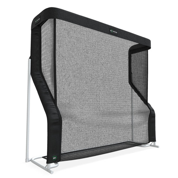 Black practice golf net with a white frame, featuring a large mesh surface and protective side barriers.