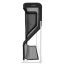 A black and white golf ball return net system with a rectangular base and vertical mesh structure.