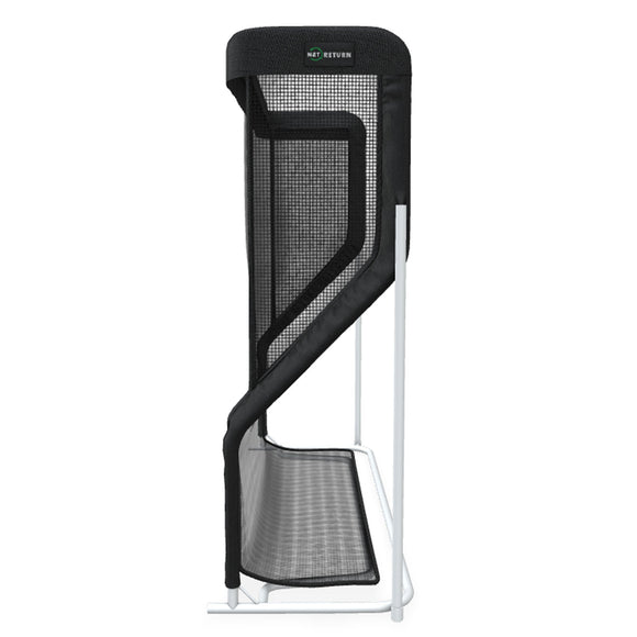 A black and white golf ball return net system with a rectangular base and vertical mesh structure.