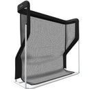 Black golf practice net with a sturdy frame featuring an angled design and a mesh screen.