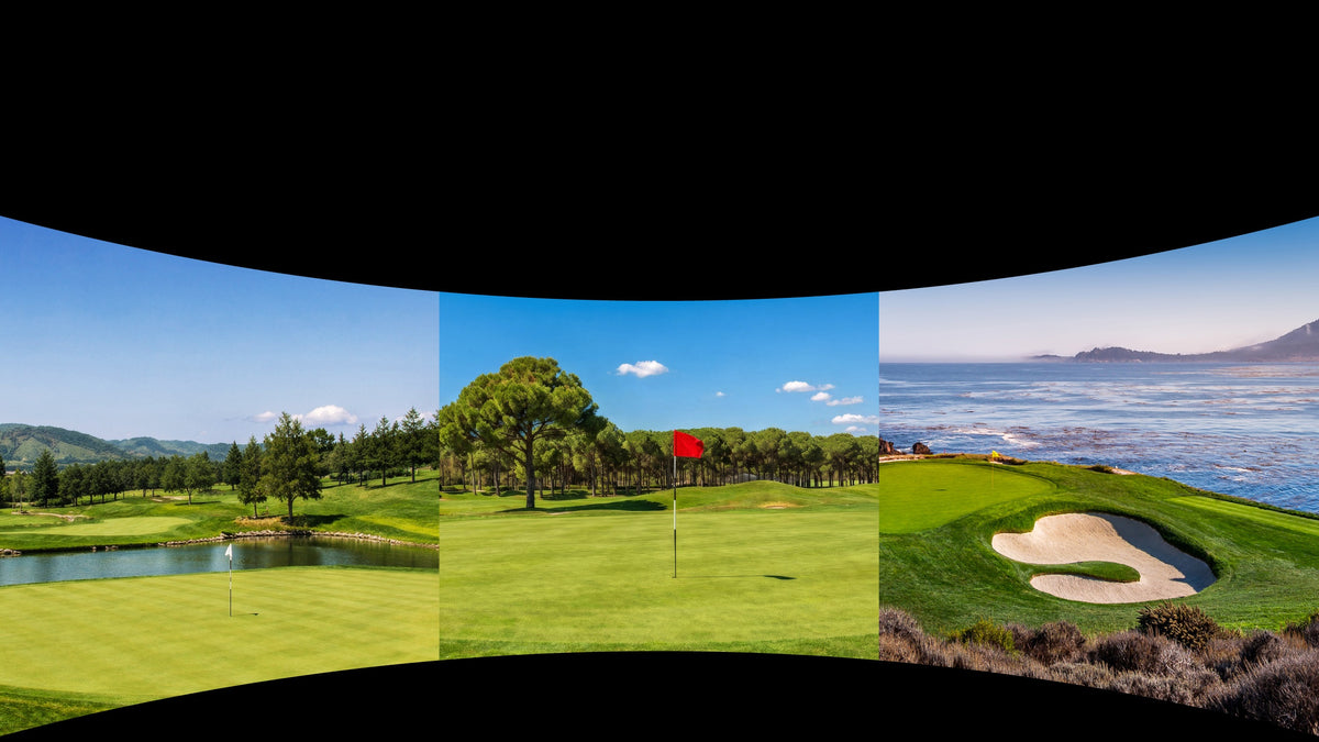 Three golf courses shown in a curved panorama, illustrating BenQ Golf Mode 2.0 color and texture