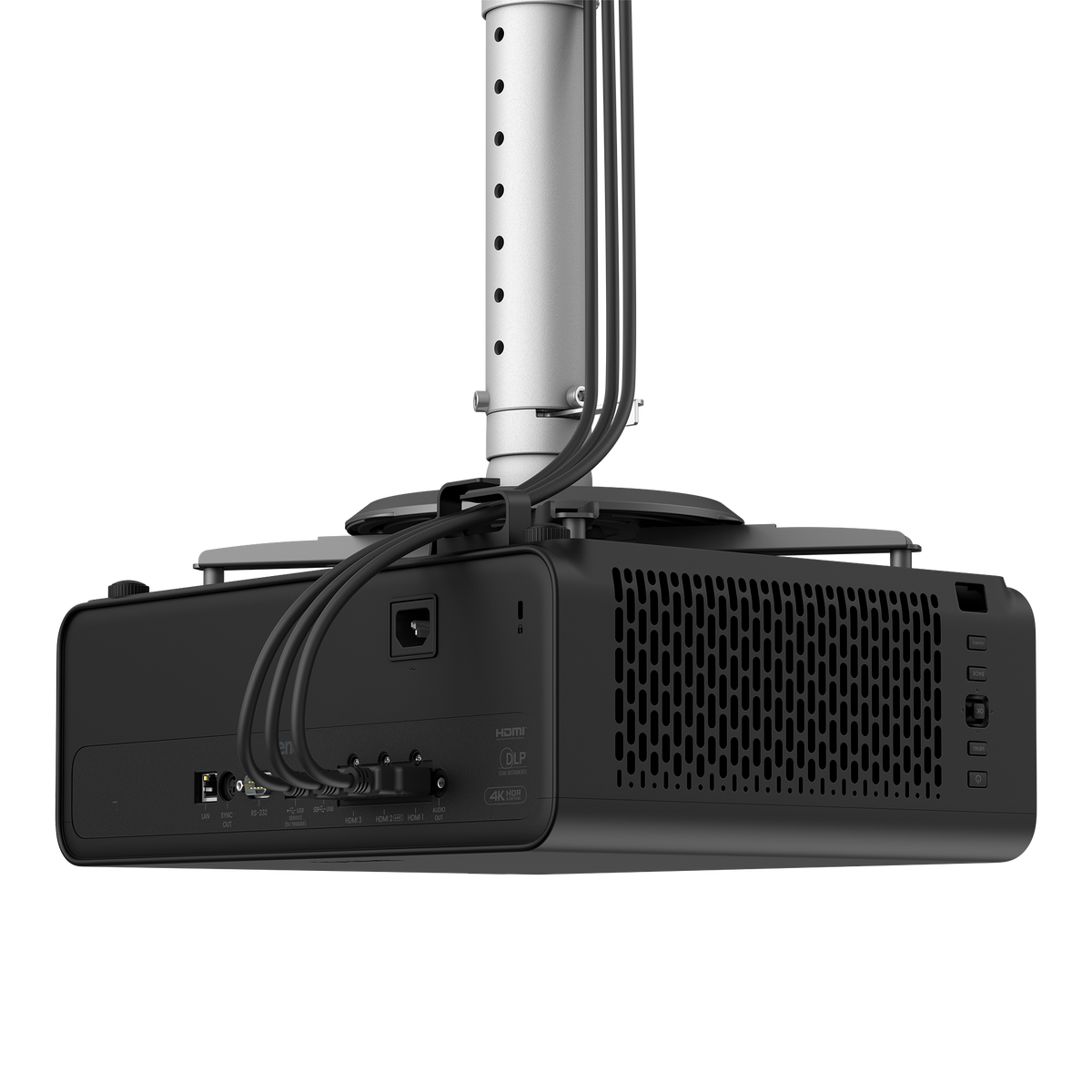 BenQ AK800ST on a ceiling mount with cables routed through the mount pole