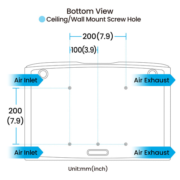 BenQ AK900ST bottom view with ceiling and wall mount screw hole spacing, air inlets and exhausts