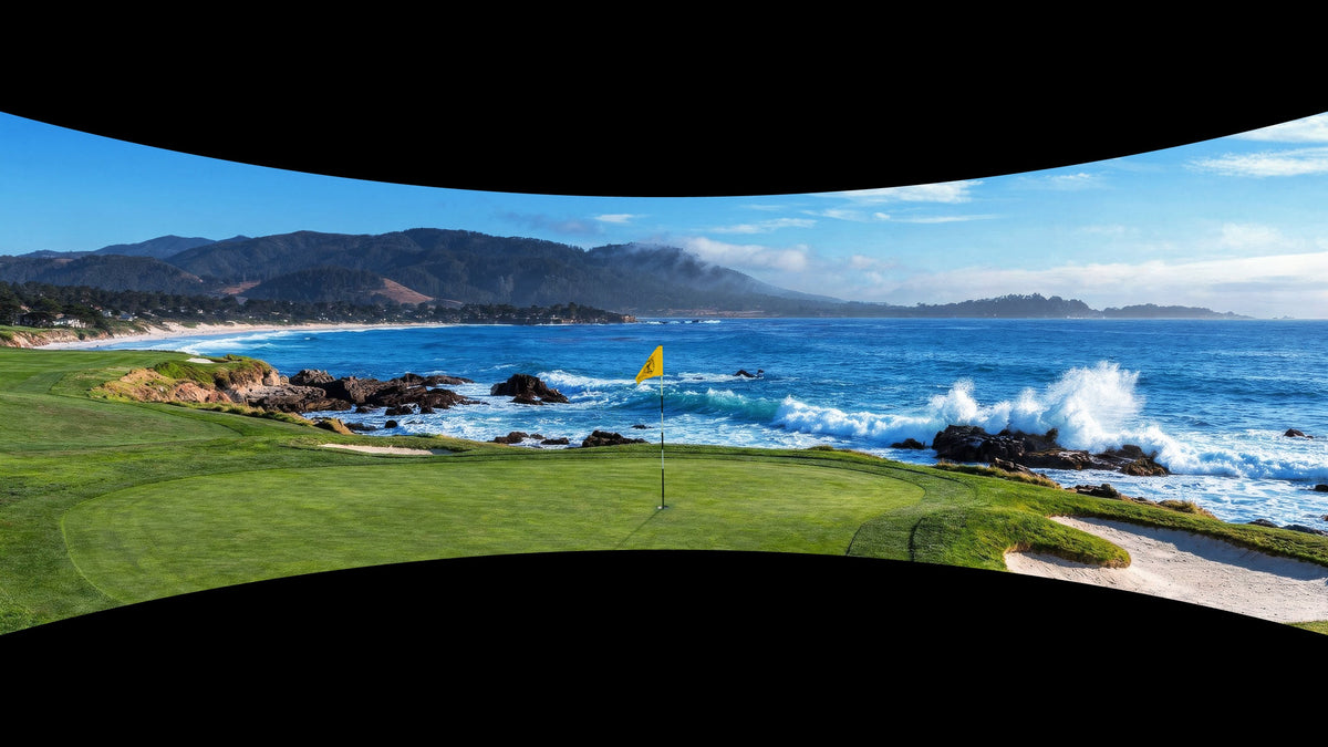 Coastal golf hole shown in a curved panorama, illustrating BenQ Golf Mode 2.0 color and texture