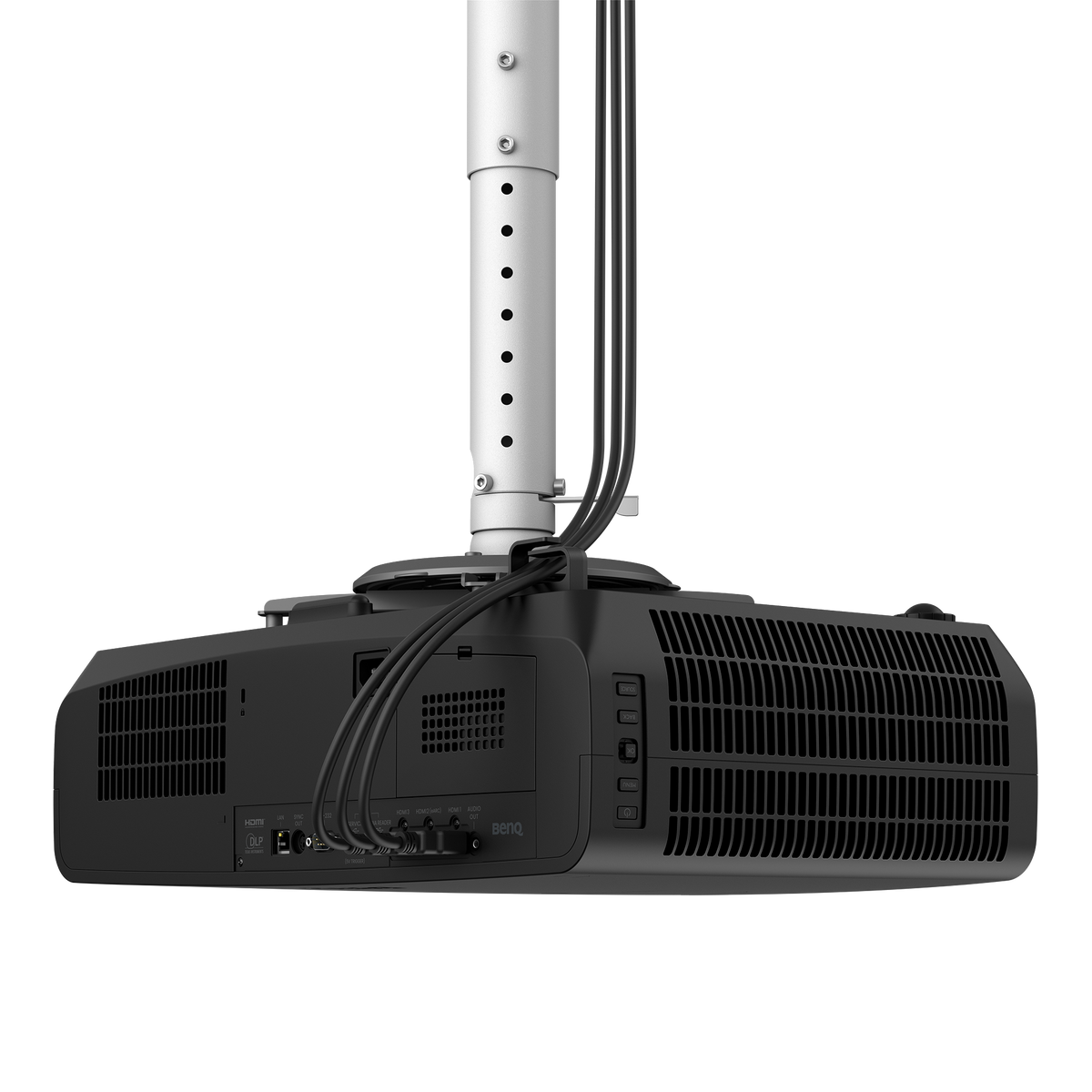 BenQ AK900ST on a ceiling mount with cables routed through the mount pole