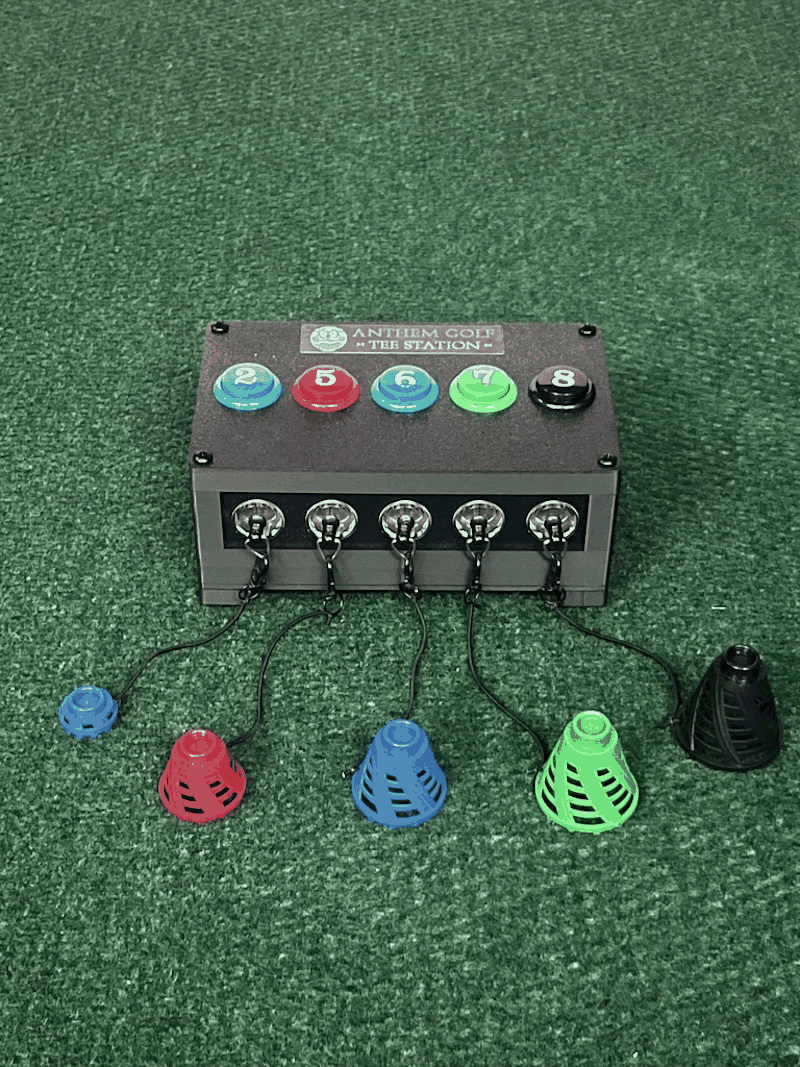 Anthem Golf Tee Station Birtee Edition switching between non-lighted and lighted, with numbered color matched buttons and Birtees sizes 2, 5, 6, 7 and 8