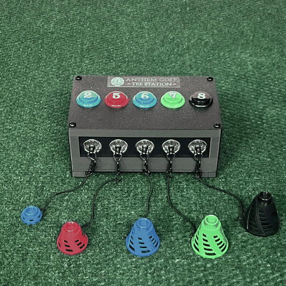 Anthem Golf Tee Station Birtee Edition, non-lighted, numbered color matched buttons with Birtees sizes 2, 5, 6, 7 and 8 on the tethers