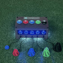 Anthem Golf Tee Station Birtee Edition, lighted, tether and floor lighting on with Birtees sizes 2, 5, 6, 7 and 8